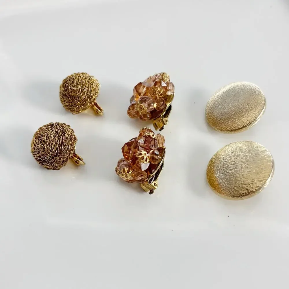 Vintage Clip On Earring Trio Set Gold